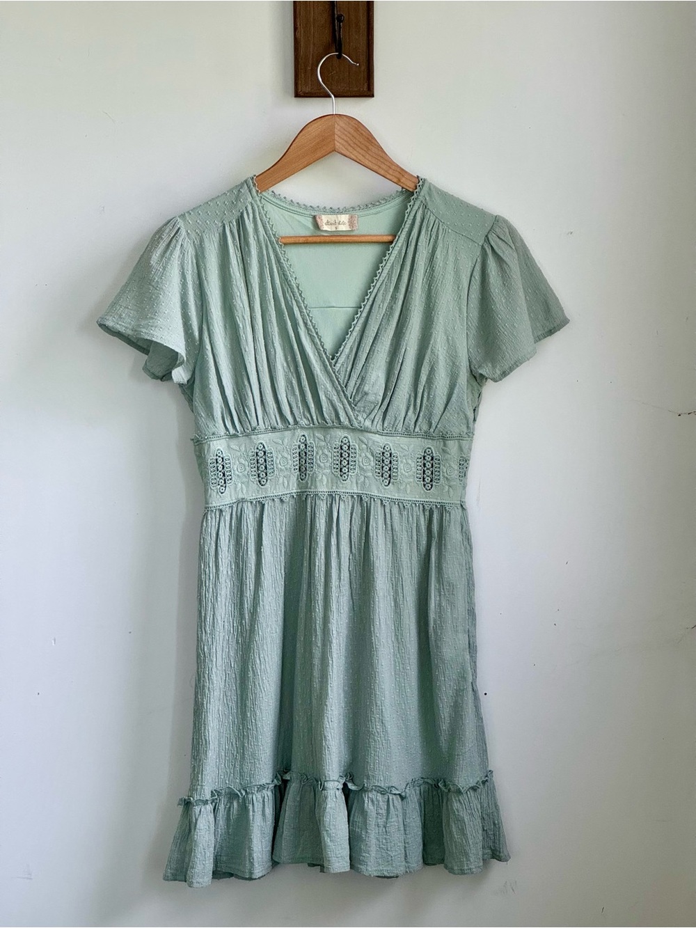 Sweet Salt Sage Green 100% Cotton Embroidered Babydoll Mini Dress Small